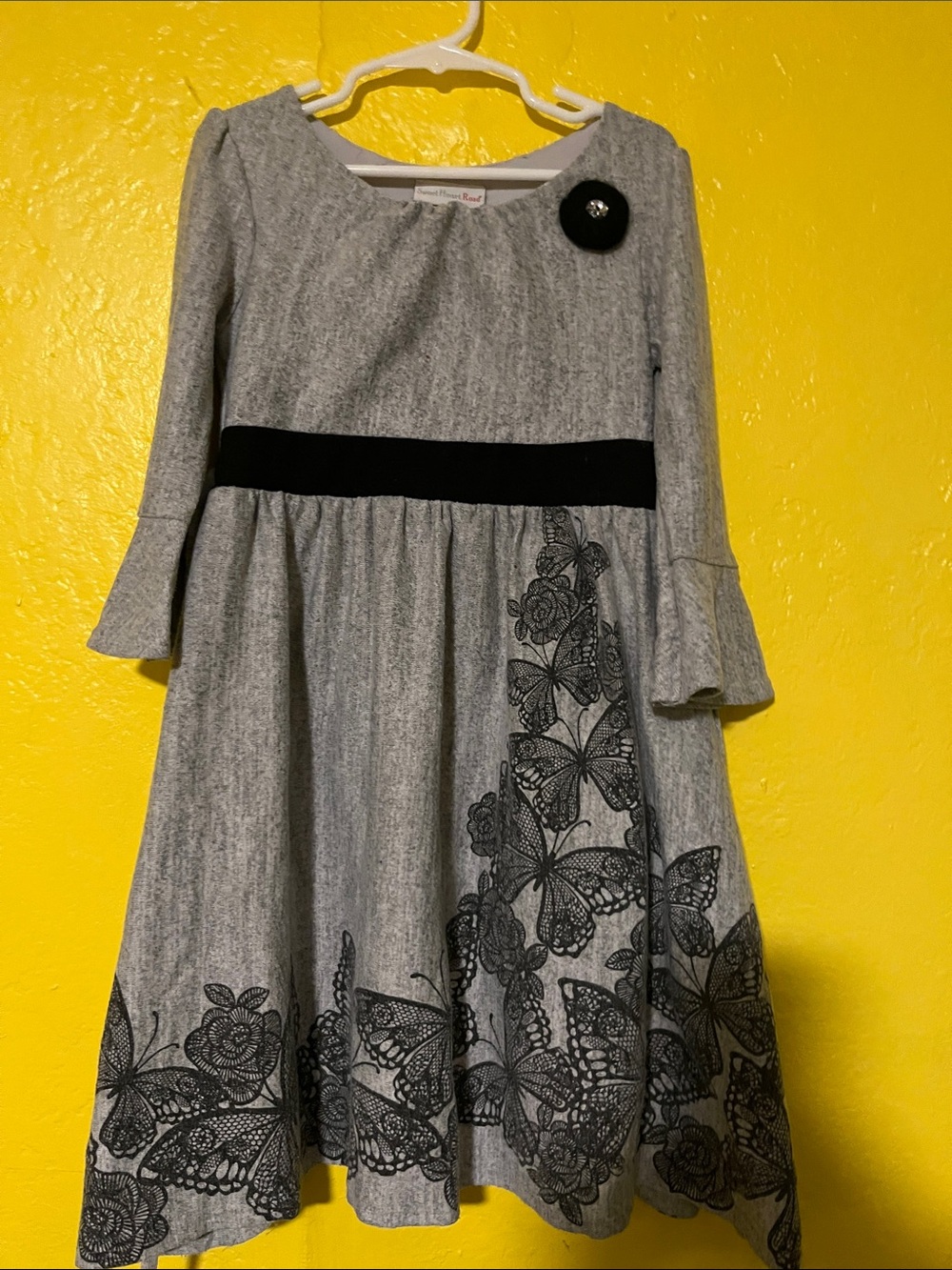 Sweet Heart Rose Gray Dress with Black Waistband and Butterfly Print